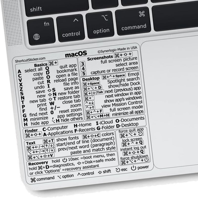 Synerlogic (2pcs) Mac OS Shortcuts Sticker | Keyboard Stickers for macOS | Laminated Vinyl MacBook Cheatsheet for Laptop | MacBook Shortcuts 2025 (Clear/Black/2pk) - Image 1